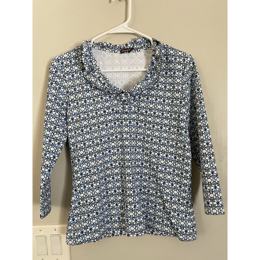 J. McLaughlin Durham Ruffle Catalina Cloth Top Blue Geometric 3/4 Sleeve Sx S